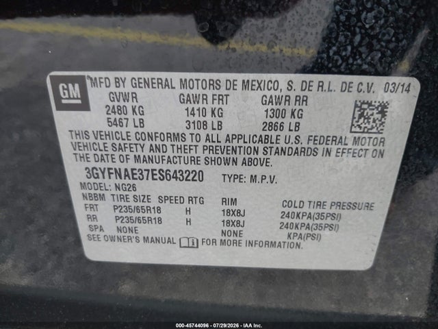 45744096 :رقم المزاد ، 3GYFNAE37ES643220 vin ، 2014 Cadillac Srx Standard مزاد بيع