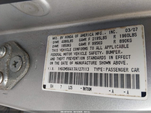 2007 Honda Accord 2.4 Lx მანქანა იყიდება აუქციონზე, vin: 1HGCM56417A127113, აუქციონის ნომერი: 45744104