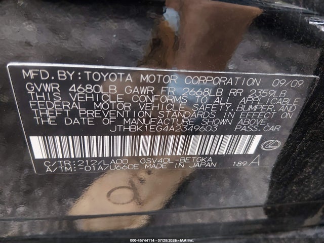Auction sale of the 2010 Lexus Es 350, vin: JTHBK1EG4A2349603, lot number: 45744114