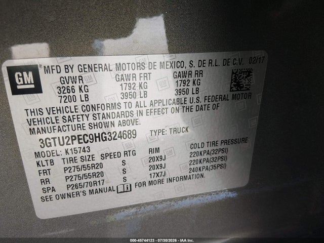 45744123 :رقم المزاد ، 3GTU2PEC9HG324689 vin ، 2017 Gmc Sierra 1500 Denali مزاد بيع