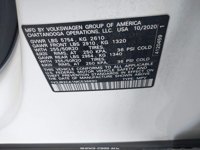45744125 :رقم المزاد ، 1V2JR2CA1MC536890 vin ، 2021 Volkswagen Atlas 3.6l V6 Se W/technology مزاد بيع