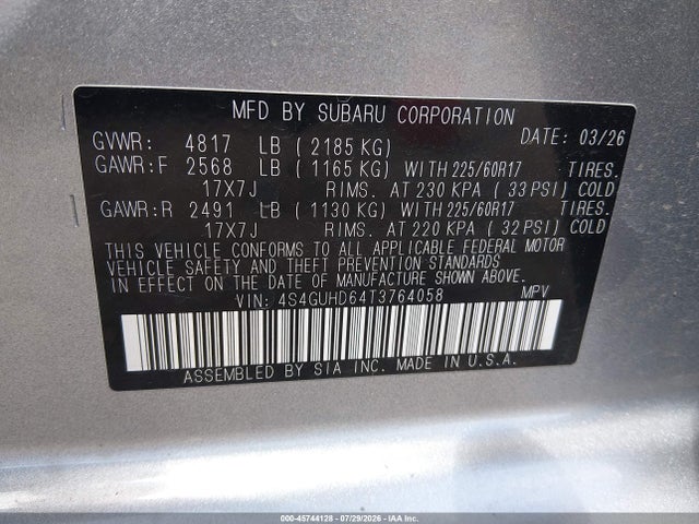 2026 Subaru Crosstrek Premium მანქანა იყიდება აუქციონზე, vin: 4S4GUHD64T3764058, აუქციონის ნომერი: 45744128