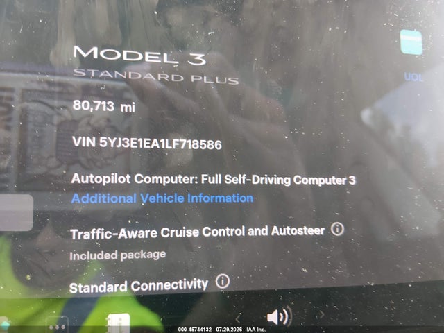 5YJ3E1EA1LF718586 Tesla Model 3 Standard Range Plus Rear-wheel Drive/standard Range Rear-wheel Drive