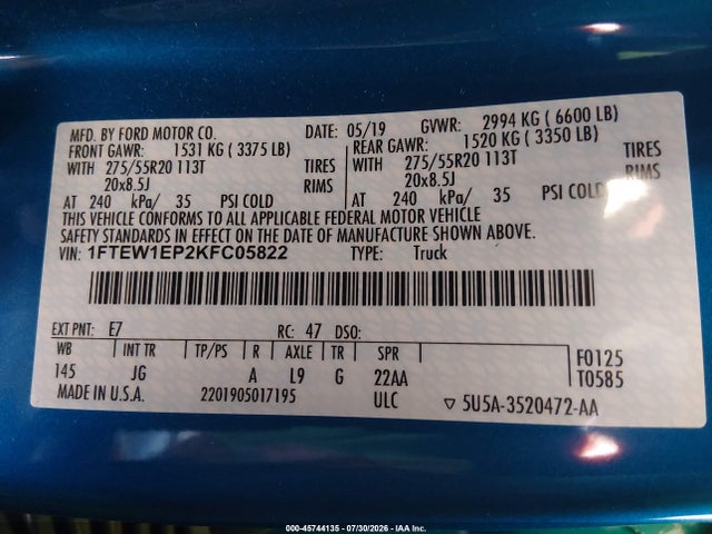 Продажа на аукционе авто 2019 Ford F-150 Xl, vin: 1FTEW1EP2KFC05822, номер лота: 45744135