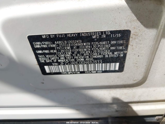 Продаж на аукціоні авто 2016 Subaru Forester 2.5i Limited, vin: JF2SJAHC0GH482833, номер лоту: 45744141