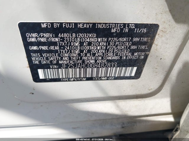 Продаж на аукціоні авто 2016 Subaru Forester 2.5i Limited, vin: JF2SJAHC0GH482833, номер лоту: 45744141