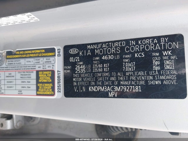 45744143 :رقم المزاد ، KNDPM3AC3M7927181 vin ، 2021 Kia Sportage Lx مزاد بيع