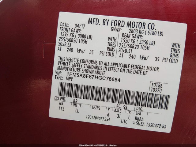 Продаж на аукціоні авто 2017 Ford Explorer Limited, vin: 1FM5K8F87HGC76654, номер лоту: 45744145