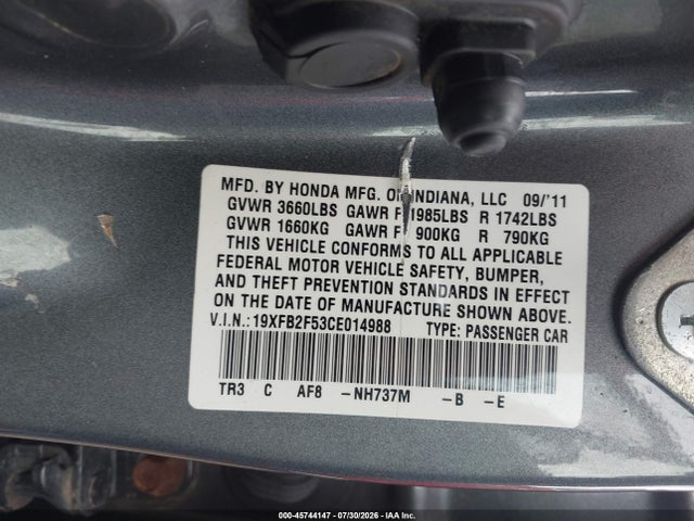 Aukcja sprzedaży 2012 Honda Civic Lx, vin: 19XFB2F53CE014988, numer aukcji: 45744147