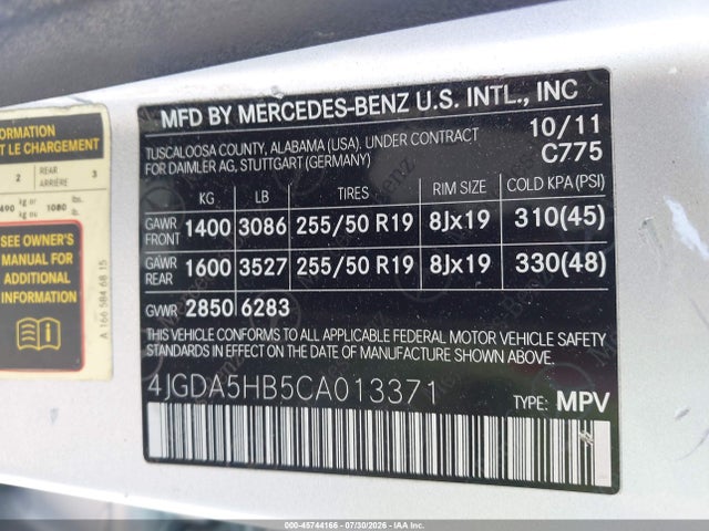 2012 Mercedes-benz Ml 350 4matic მანქანა იყიდება აუქციონზე, vin: 4JGDA5HB5CA013371, აუქციონის ნომერი: 45744166