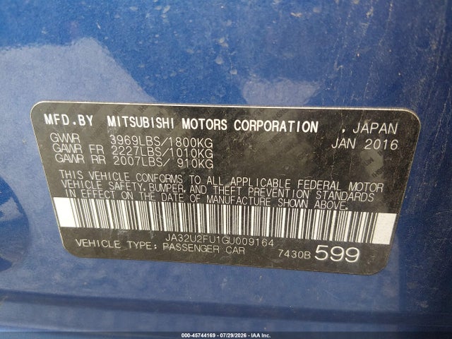 2016 Mitsubishi Lancer Es მანქანა იყიდება აუქციონზე, vin: JA32U2FU1GU009164, აუქციონის ნომერი: 45744169