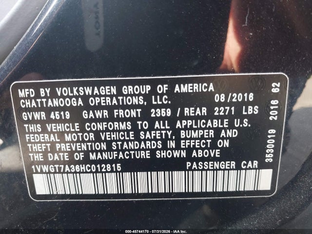 Продажа на аукционе авто 2017 Volkswagen Passat 1.8t Se, vin: 1VWGT7A36HC012815, номер лота: 45744170