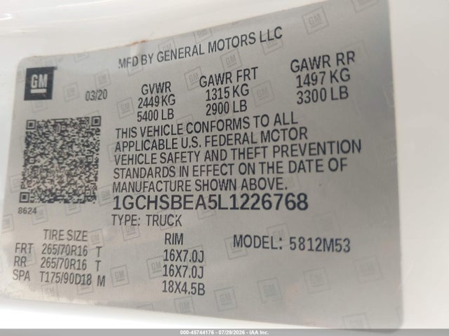 45744176 :رقم المزاد ، 1GCHSBEA5L1226768 vin ، 2020 Chevrolet Colorado 2wd  Long Box Wt مزاد بيع