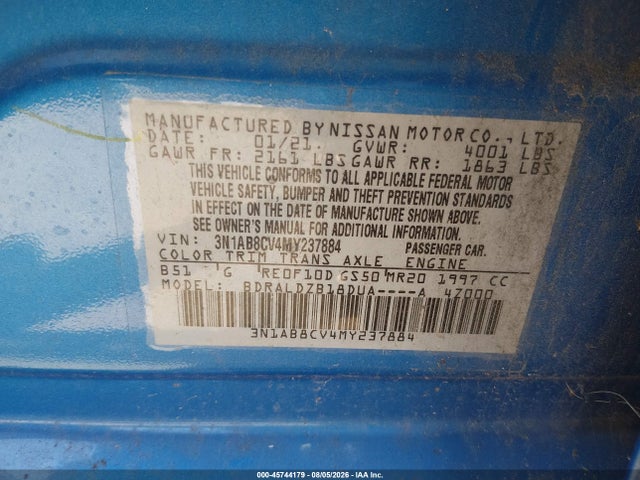 2021 Nissan Sentra Sv Xtronic Cvt მანქანა იყიდება აუქციონზე, vin: 3N1AB8CV4MY237884, აუქციონის ნომერი: 45744179