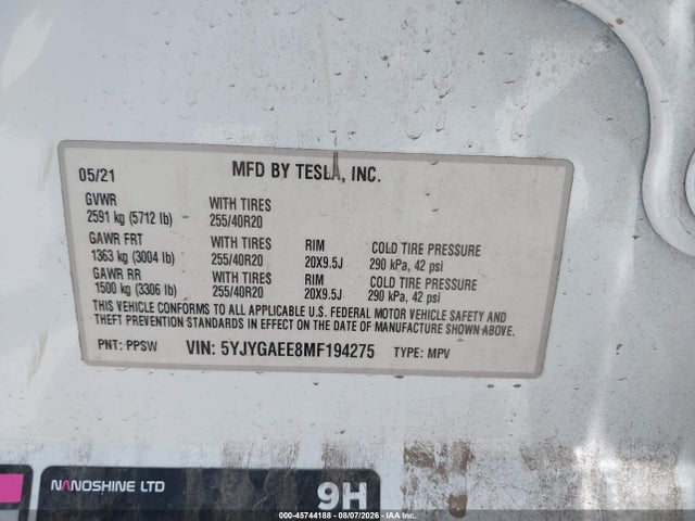 Продаж на аукціоні авто 2021 Tesla Model Y Long Range Dual Motor All-wheel Drive, vin: 5YJYGAEE8MF194275, номер лоту: 45744188