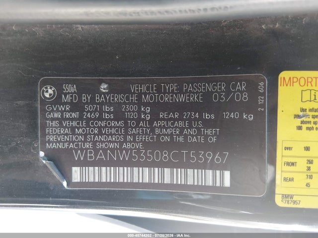 Продаж на аукціоні авто 2008 Bmw 550i, vin: WBANW53508CT53967, номер лоту: 45744202