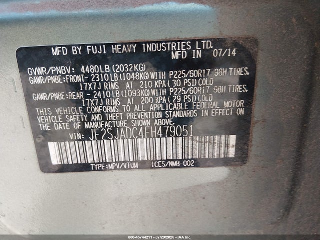 Продажа на аукционе авто 2015 Subaru Forester 2.5i Premium, vin: JF2SJADC4FH479051, номер лота: 45744211