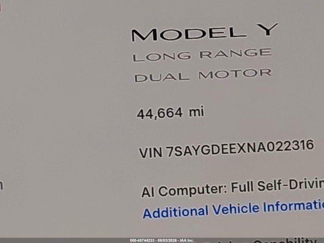 Aukcja sprzedaży 2022 Tesla Model Y Long Range Dual Motor All-wheel Drive, vin: 7SAYGDEEXNA022316, numer aukcji: 45744233