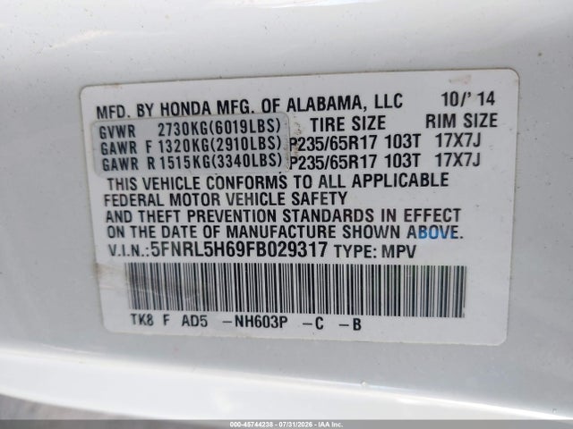 Honda Odyssey Ex-l 2015 5FNRL5H69FB029317 Image 9