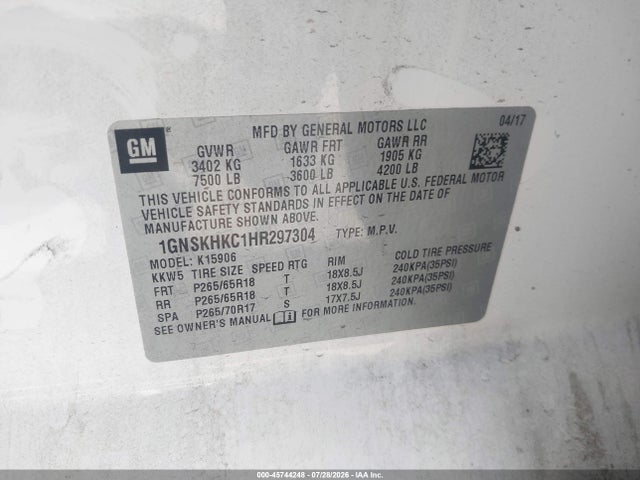 Chevrolet Suburban Lt 2017 1GNSKHKC1HR297304 Image 9