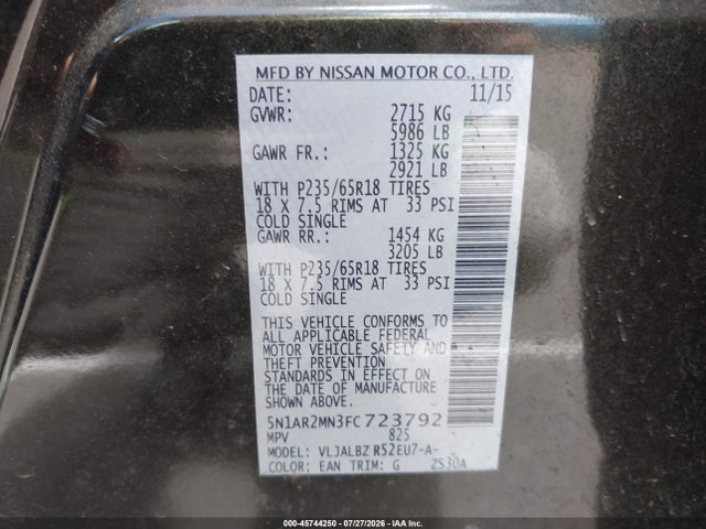 5N1AR2MN3FC723792 Nissan Pathfinder S