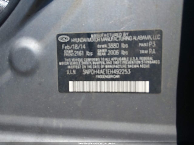 45744256 :رقم المزاد ، 5NPDH4AE1EH492253 vin ، 2014 Hyundai Elantra Limited مزاد بيع