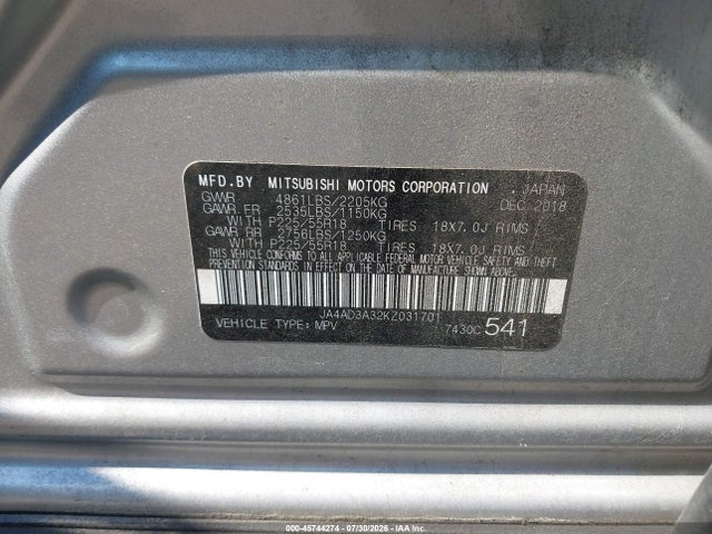 Aukcja sprzedaży 2019 Mitsubishi Outlander Se, vin: JA4AD3A32KZ031701, numer aukcji: 45744274