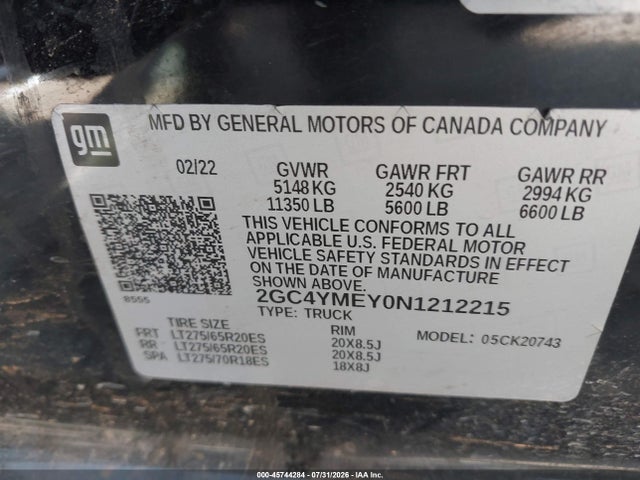 Продаж на аукціоні авто 2022 Chevrolet Silverado 2500hd 4wd  Standard Bed Custom, vin: 2GC4YMEY0N1212215, номер лоту: 45744284