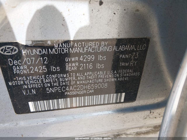 2013 Hyundai Sonata Se მანქანა იყიდება აუქციონზე, vin: 5NPEC4AC2DH659008, აუქციონის ნომერი: 45744300