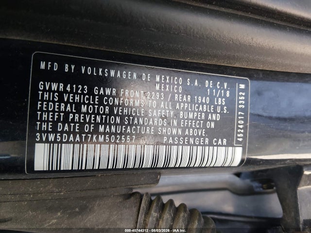 2019 Volkswagen Beetle მანქანა იყიდება აუქციონზე, vin: 3VW5DAAT7KM502557, აუქციონის ნომერი: 45744312