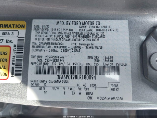 Продажа на аукционе авто 2020 Ford Fusion Se, vin: 3FA6P0T98LR180094, номер лота: 45744314