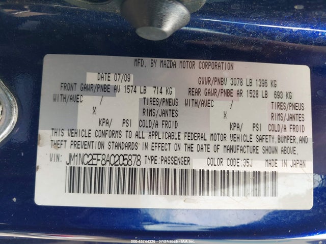 45744326 :رقم المزاد ، JM1NC2EF8A0205878 vin ، 2010 Mazda Mx-5 Miata Touring مزاد بيع
