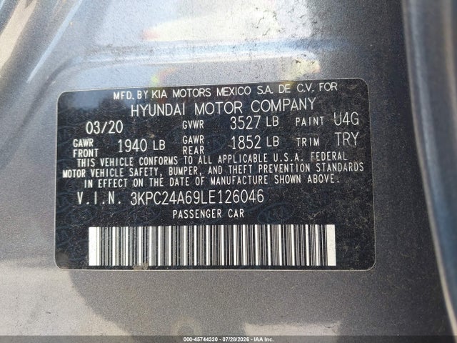 45744330 :رقم المزاد ، 3KPC24A69LE126046 vin ، 2020 Hyundai Accent Se مزاد بيع