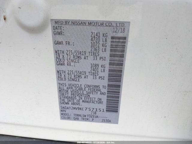 Продаж на аукціоні авто 2019 Nissan Rogue Sl, vin: 5N1AT2MV9KC757151, номер лоту: 45744333