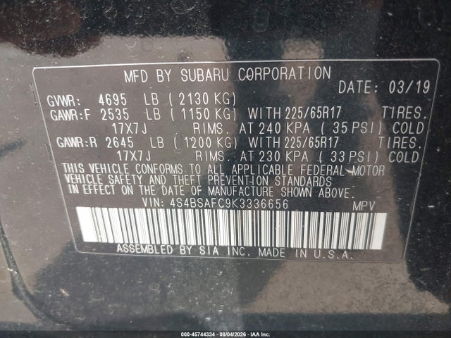 45744334 :رقم المزاد ، 4S4BSAFC9K3336656 vin ، 2019 Subaru Outback 2.5i Premium مزاد بيع