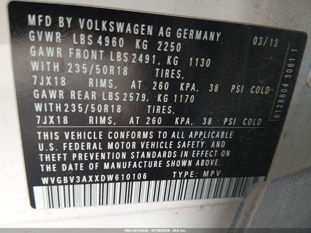 2013 Volkswagen Tiguan Se მანქანა იყიდება აუქციონზე, vin: WVGBV3AXXDW610106, აუქციონის ნომერი: 45744345