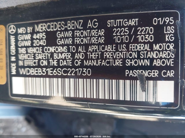 Aukcja sprzedaży 1995 Mercedes-benz E 300d/300d Special, vin: WDBEB31E6SC221730, numer aukcji: 45744358