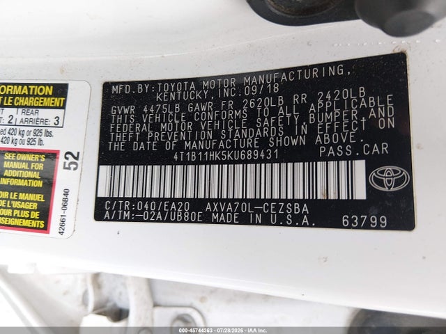 Продаж на аукціоні авто 2019 Toyota Camry Se, vin: 4T1B11HK5KU689431, номер лоту: 45744363