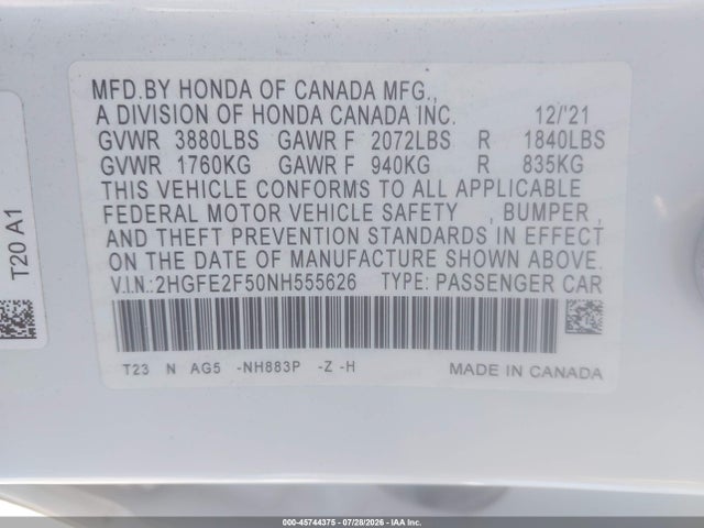 Honda Civic Sport 2022 2HGFE2F50NH555626 Image 9