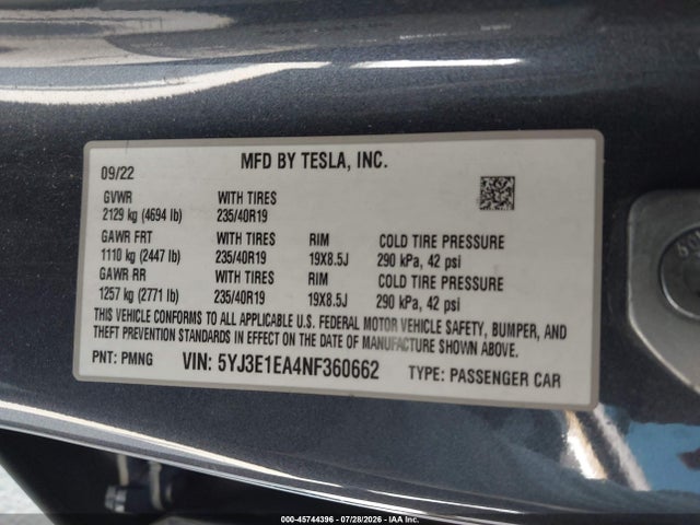 Aukcja sprzedaży 2022 Tesla Model 3 Rear-wheel Drive, vin: 5YJ3E1EA4NF360662, numer aukcji: 45744396
