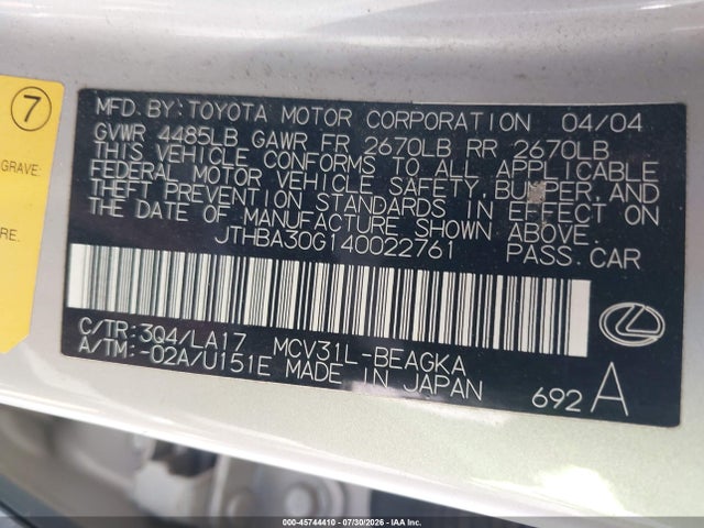 Продаж на аукціоні авто 2004 Lexus Es 330, vin: JTHBA30G140022761, номер лоту: 45744410