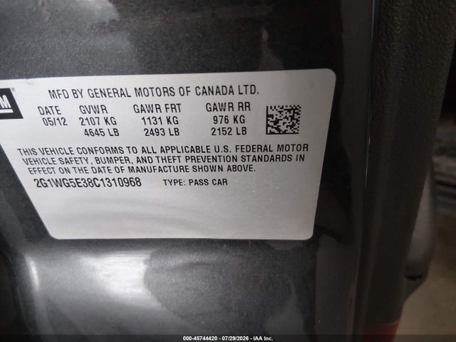 45744420 :رقم المزاد ، 2G1WG5E38C1310968 vin ، 2012 Chevrolet Impala Lt مزاد بيع