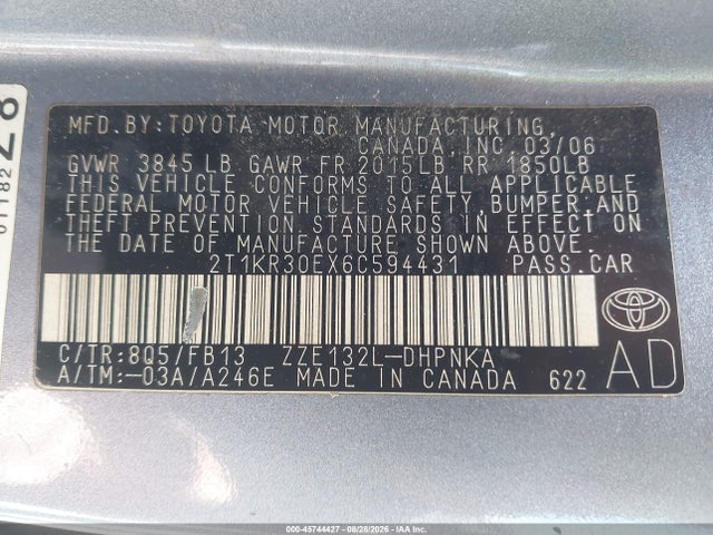 2006 Toyota Matrix Xr მანქანა იყიდება აუქციონზე, vin: 2T1KR30EX6C594431, აუქციონის ნომერი: 45744427
