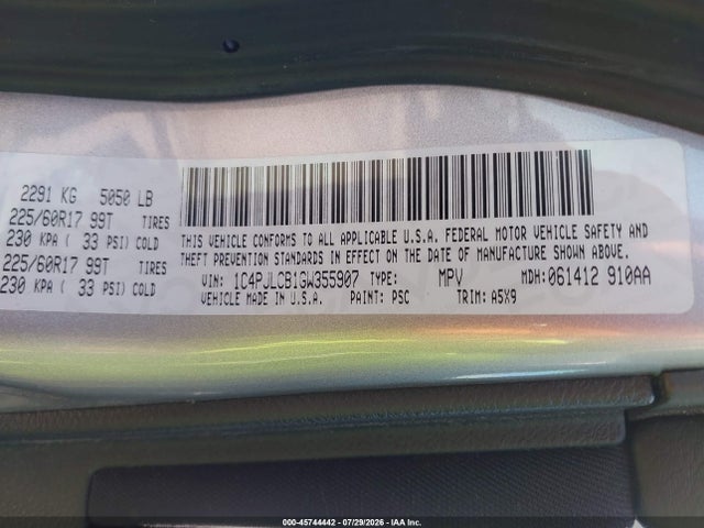 2016 Jeep Cherokee Latitude მანქანა იყიდება აუქციონზე, vin: 1C4PJLCB1GW355907, აუქციონის ნომერი: 45744442