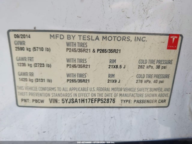5YJSA1H17EFP52876 Tesla Model S P85