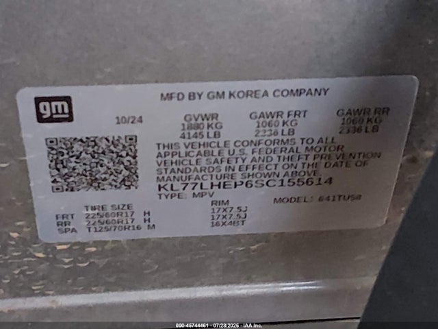 KL77LHEP6SC155614 Chevrolet Trax Fwd Lt