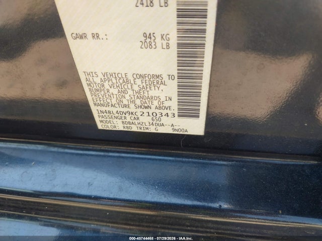 45744468 :رقم المزاد ، 1N4BL4DV9KC210343 vin ، 2019 Nissan Altima 2.5 Sv مزاد بيع