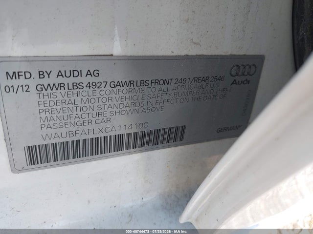 45744473 :رقم المزاد ، WAUBFAFLXCA114100 vin ، 2012 Audi A4 2.0t Premium مزاد بيع