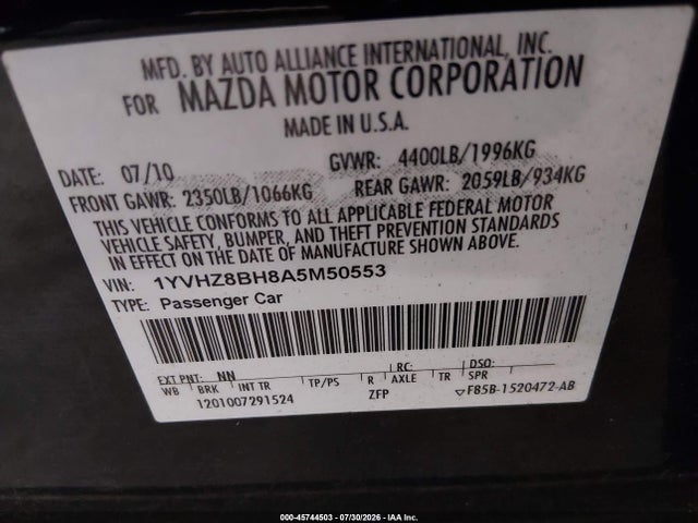 2010 Mazda Mazda6 I Sport მანქანა იყიდება აუქციონზე, vin: 1YVHZ8BH8A5M50553, აუქციონის ნომერი: 45744503