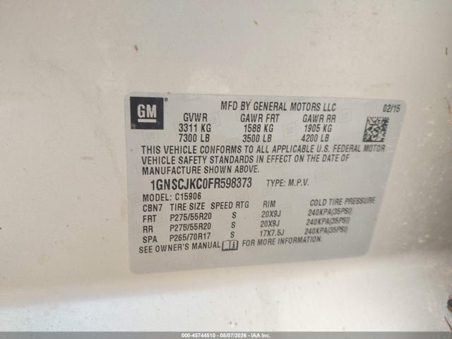 2015 Chevrolet Suburban Lt მანქანა იყიდება აუქციონზე, vin: 1GNSCJKC0FR598373, აუქციონის ნომერი: 45744510